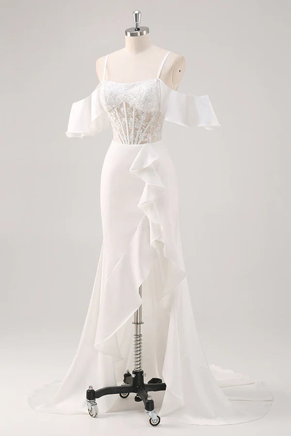 White Mermaid Cold Shoulder Corset Appliqued Long Prom Dress with Slit simple gentle atmospheric and unique desi Bring summer colors to enhance whiteness