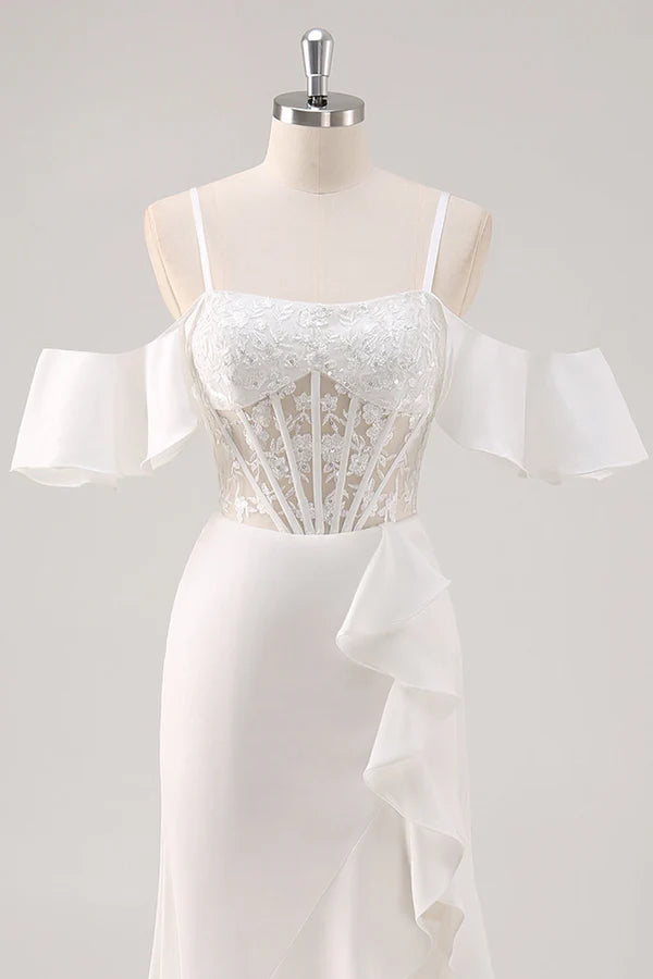 White Mermaid Cold Shoulder Corset Appliqued Long Prom Dress with Slit simple gentle atmospheric and unique desi Bring summer colors to enhance whiteness