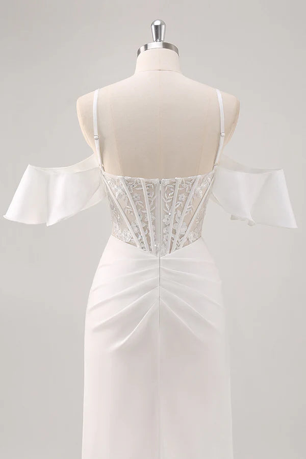 White Mermaid Cold Shoulder Corset Appliqued Long Prom Dress with Slit simple gentle atmospheric and unique desi Bring summer colors to enhance whiteness