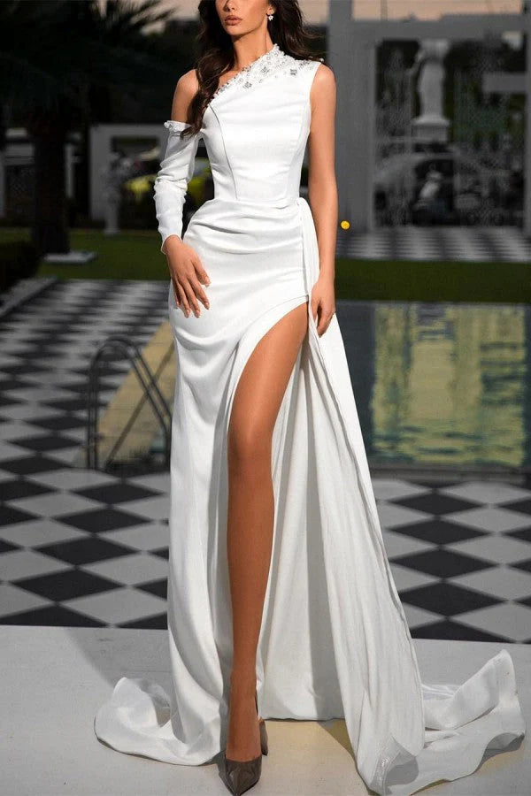 White Mermaid Prom Dress Long With Split Simple gentle atmospheric and unique design