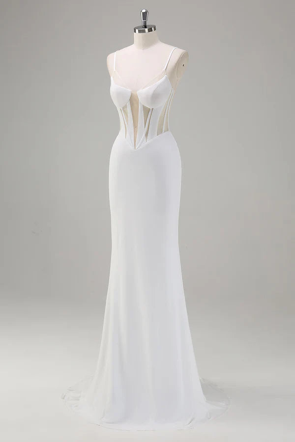 White Mermaid Spaghetti Straps Corset Long Prom Dress with Lace Up Back simple gentle atmospheric and unique desi Bring summer colors to enhance whiteness