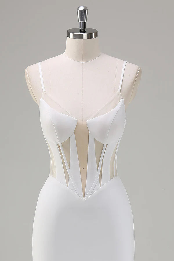 White Mermaid Spaghetti Straps Corset Long Prom Dress with Lace Up Back simple gentle atmospheric and unique desi Bring summer colors to enhance whiteness