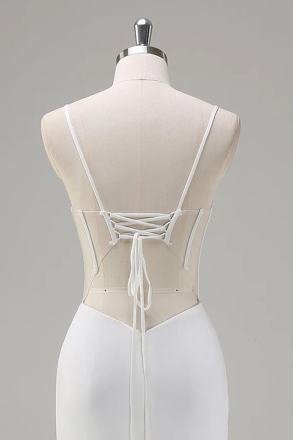 White Mermaid Spaghetti Straps Corset Long Prom Dress with Lace Up Back simple gentle atmospheric and unique desi Bring summer colors to enhance whiteness