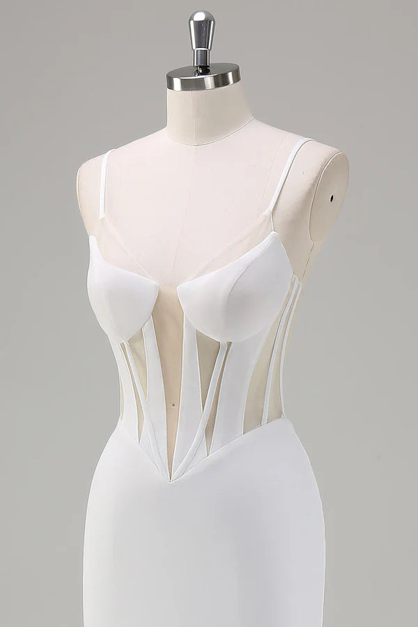 White Mermaid Spaghetti Straps Corset Long Prom Dress with Lace Up Back simple gentle atmospheric and unique desi Bring summer colors to enhance whiteness
