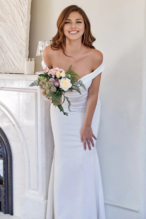 White Off the Shoulder Mermaid Prom Dress simple gentle atmospheric and unique desi