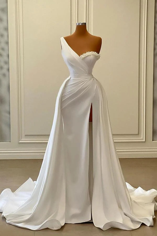 White One Shoulder Prom Dress Mermaid Long Split Simple gentle atmospheric and unique design