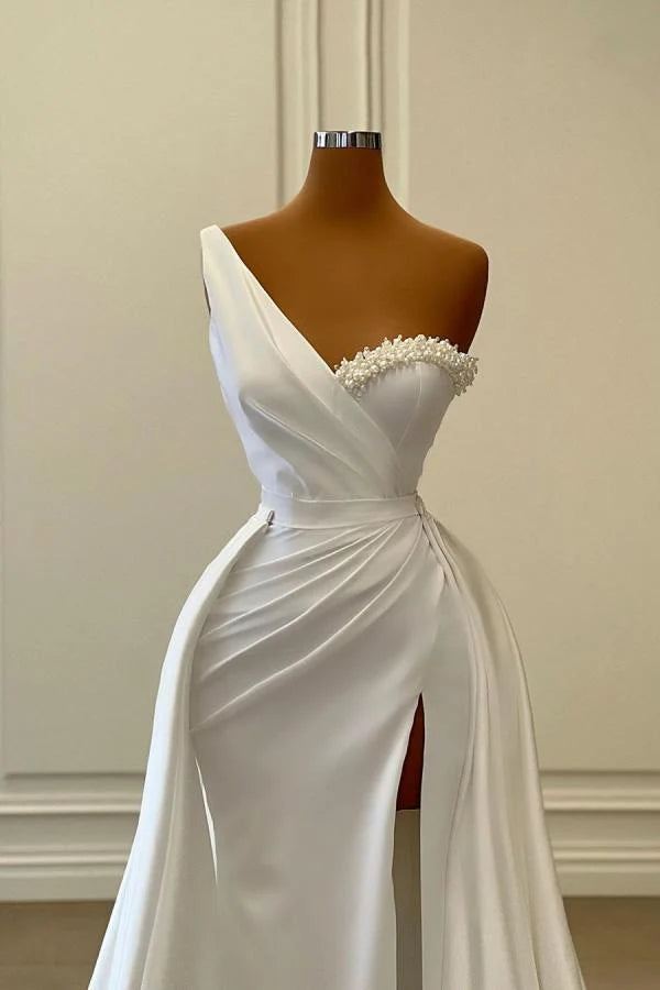 White One Shoulder Prom Dress Mermaid Long Split Simple gentle atmospheric and unique design