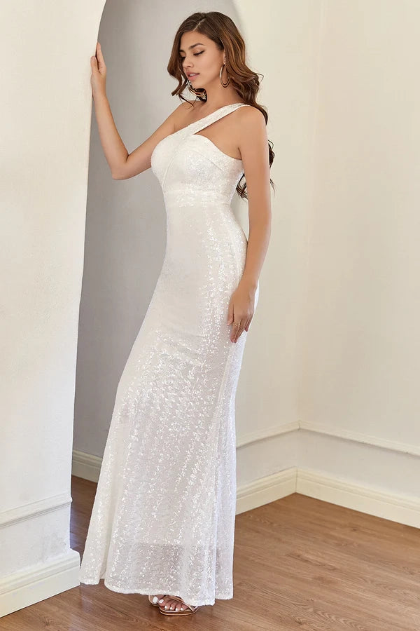 White One Shoulder Sequins Mermaid Prom Dress simple gentle atmospheric and unique desi