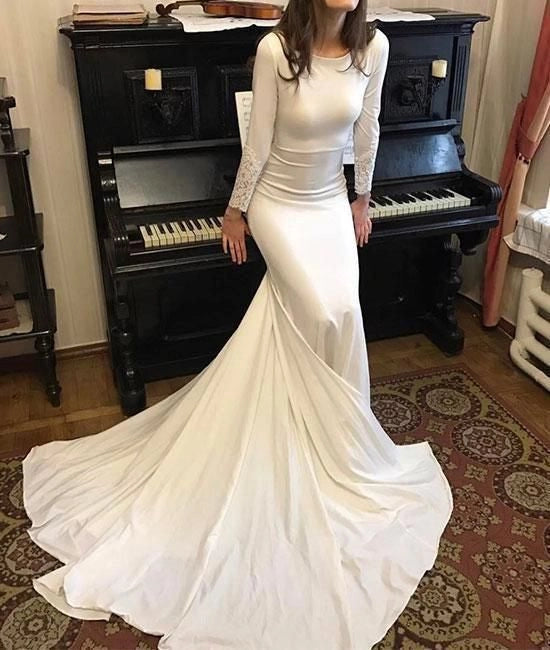 White Round Neck Satin Mermaid Long Prom Dresses White Evening Dress Party Gown