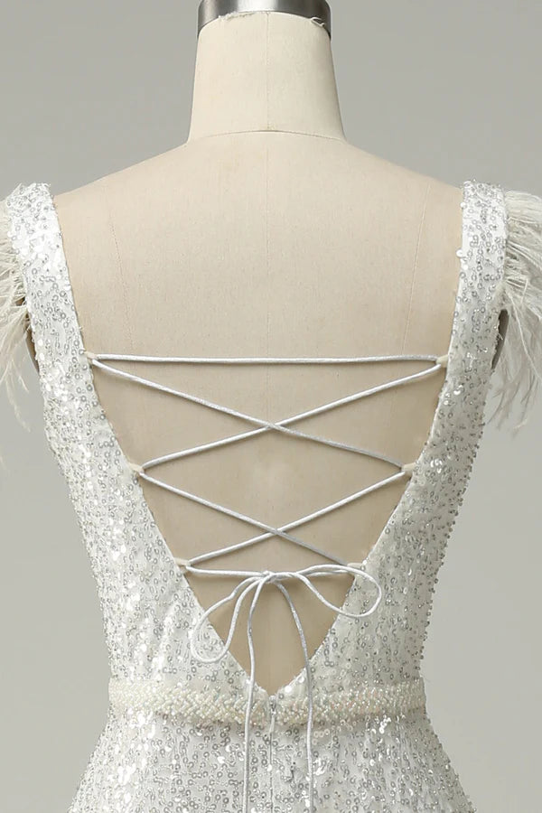 White Sequins V Neck Mermaid Long Prom Dress With Feathers Simple gentle atmospheric and unique design