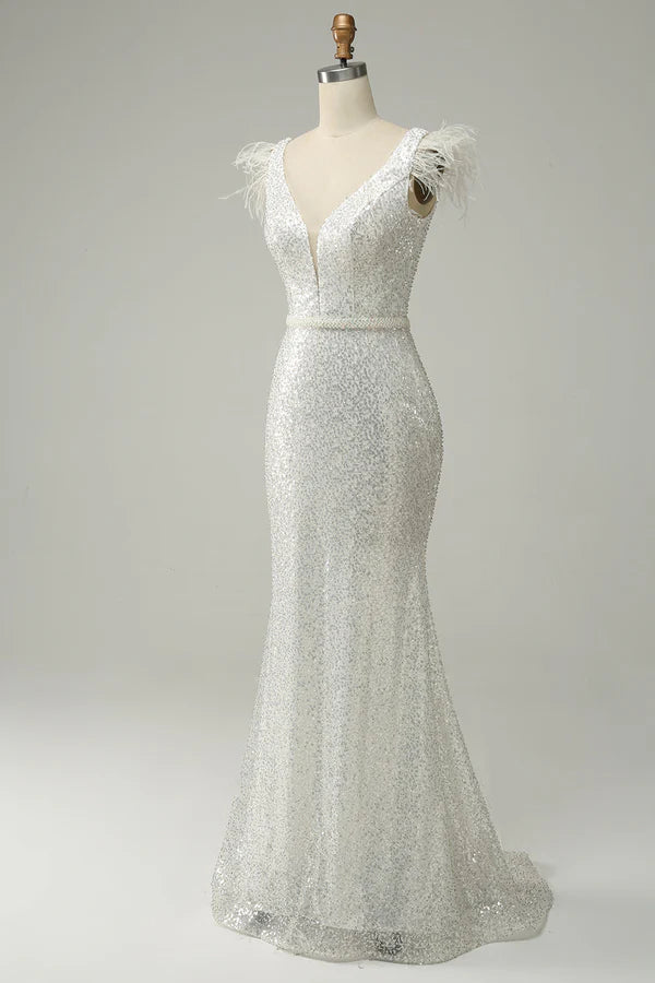 White Sequins V Neck Mermaid Long Prom Dress With Feathers Simple gentle atmospheric and unique design