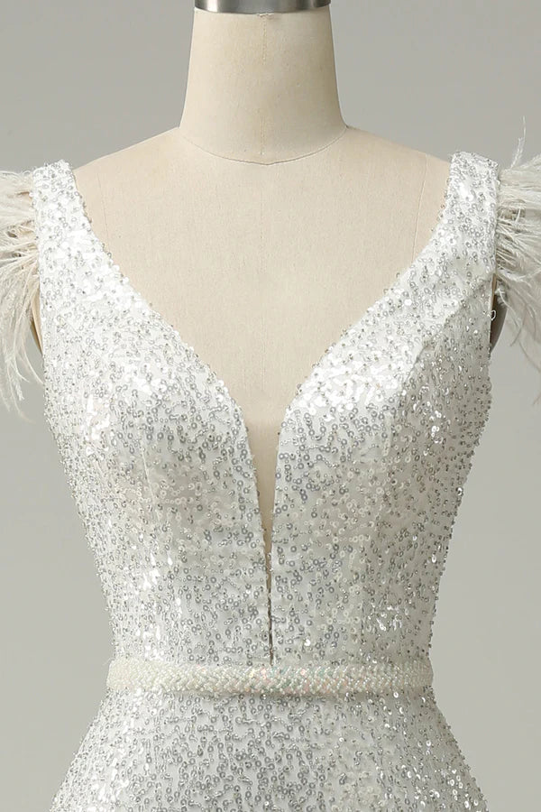 White Sequins V Neck Mermaid Long Prom Dress With Feathers Simple gentle atmospheric and unique design