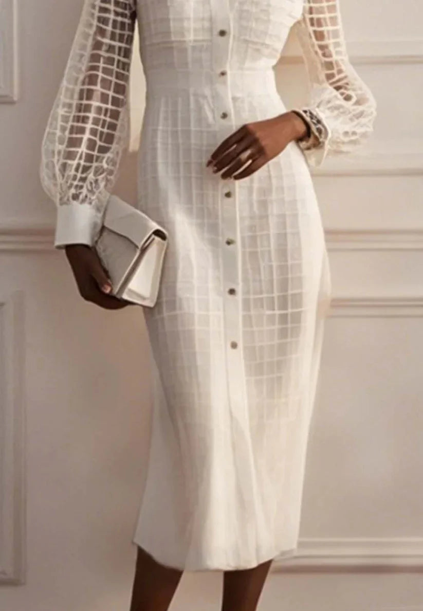 White Shirt Dress Shirt Collar Long Sleeve Balloon Sleeve Sheath Midi Dress simple gentle atmospheric and unique desi Bring summer colors to enhance whiteness