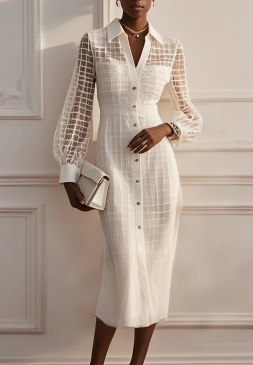 White Shirt Dress Shirt Collar Long Sleeve Balloon Sleeve Sheath Midi Dress simple gentle atmospheric and unique desi Bring summer colors to enhance whiteness