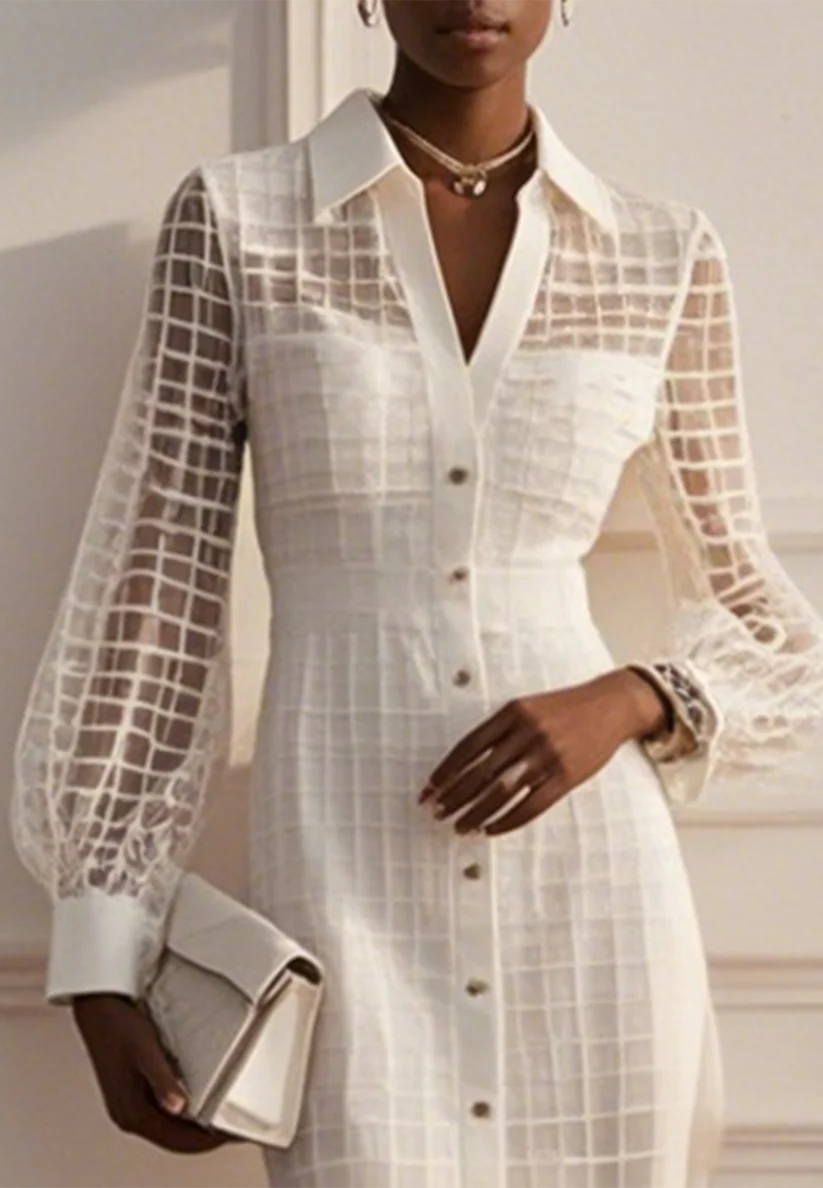 White Shirt Dress Shirt Collar Long Sleeve Balloon Sleeve Sheath Midi Dress simple gentle atmospheric and unique desi Bring summer colors to enhance whiteness