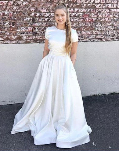 White Short Sleeve Satin Ball Gown with Pockets Simple white satin prom dress evening gown, short sleeve prom dress Party Dresses