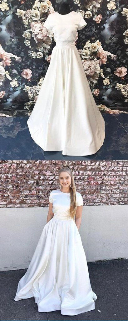 White Short Sleeve Satin Ball Gown with Pockets Simple white satin prom dress evening gown, short sleeve prom dress Party Dresses