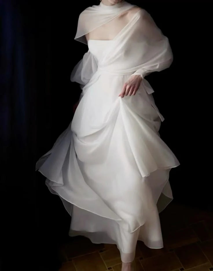 White Simple A Line Strapless Chiffon Prom Dress Evening Dress with Cape simple gentle atmospheric and unique desi Bring summer colors to enhance whitenessiteness（副本）