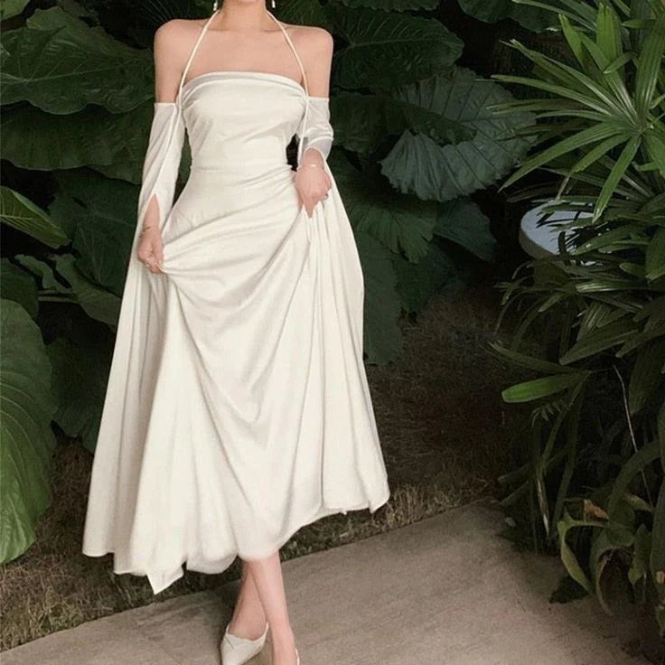 White Simple Clean A Line Halter Long Sleeve Satin Long Prom Dress Evening Dress simple gentle atmospheric and unique desi Bring summer colors to enhance whiteness ﻿
