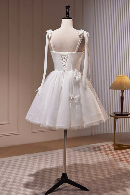 White Spaghetti Strap Short Prom Dress White Tulle Party Dress simple gentle atmospheric and unique desi Bring summer colors to enhance white