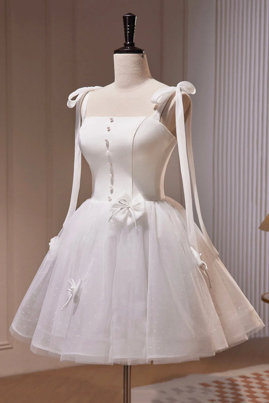 White Spaghetti Strap Short Prom Dress White Tulle Party Dress simple gentle atmospheric and unique desi Bring summer colors to enhance white