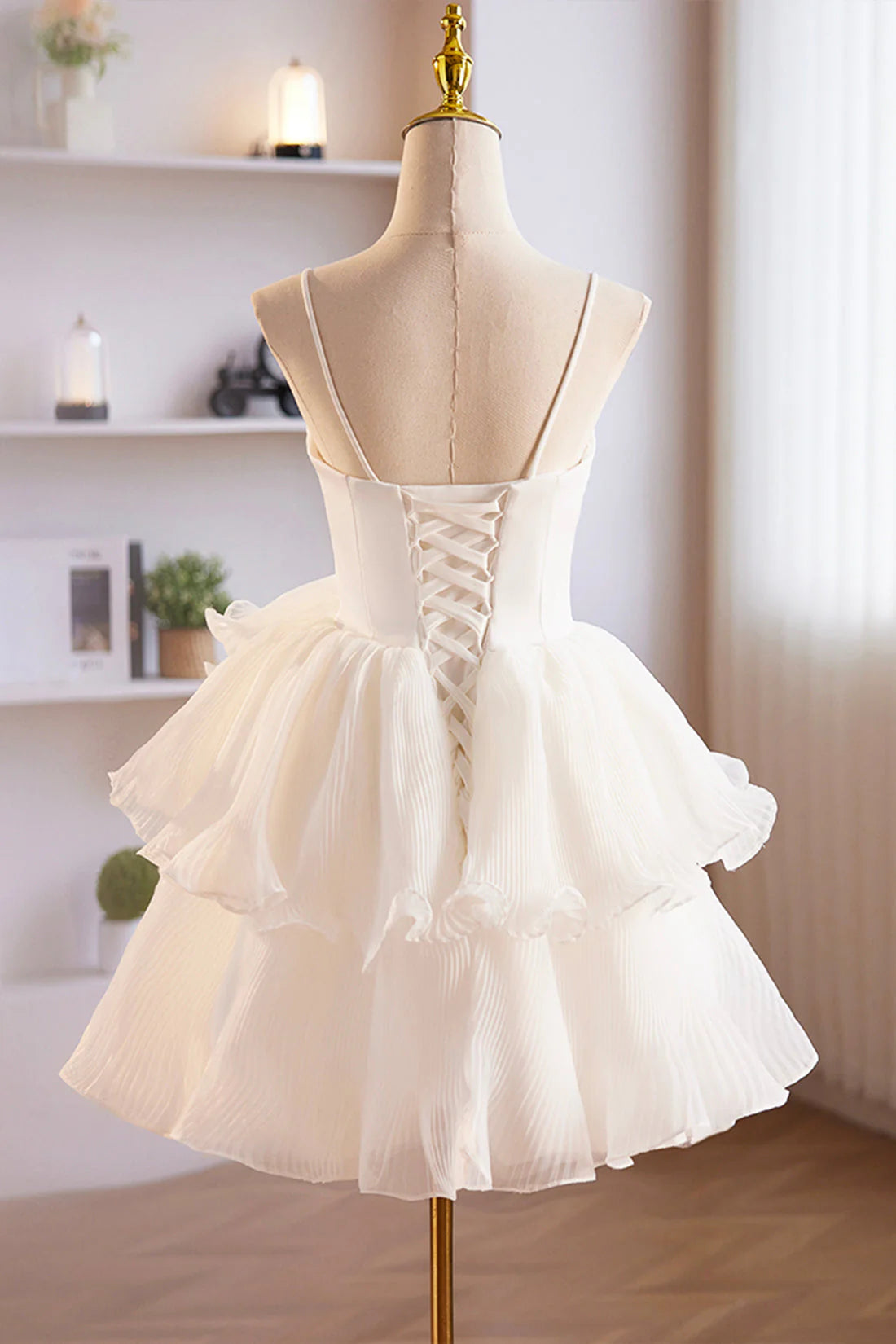 White Spaghetti Strap Tulle Short Prom Dress White A-Line Homecoming Dress simple gentle atmospheric and unique desi Bring summer colors to enhance white