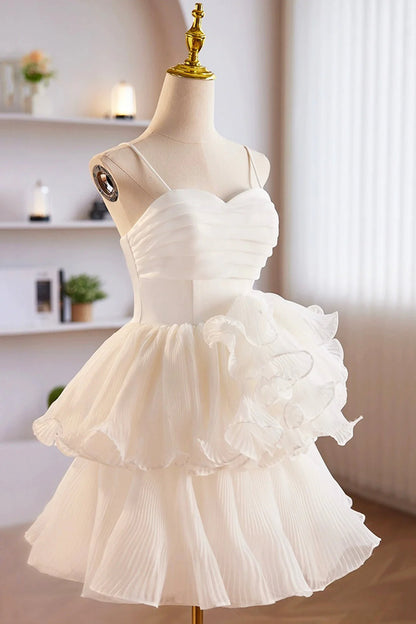 White Spaghetti Strap Tulle Short Prom Dress White A-Line Homecoming Dress simple gentle atmospheric and unique desi Bring summer colors to enhance white