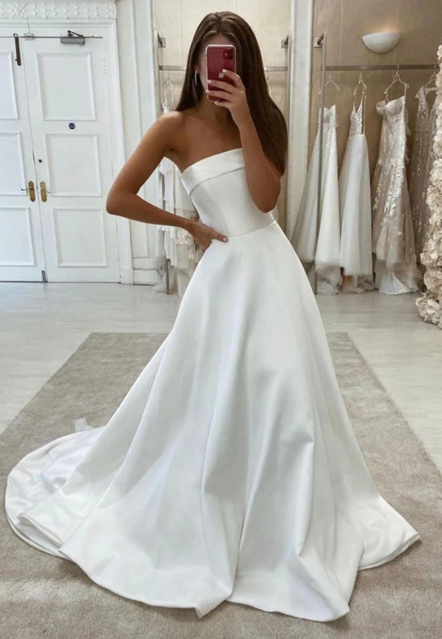 White Strapless Satin Long Prom Dresses Simple Wedding Dress simple gentle atmospheric and unique desi Bring summer colors to enhance whiteness