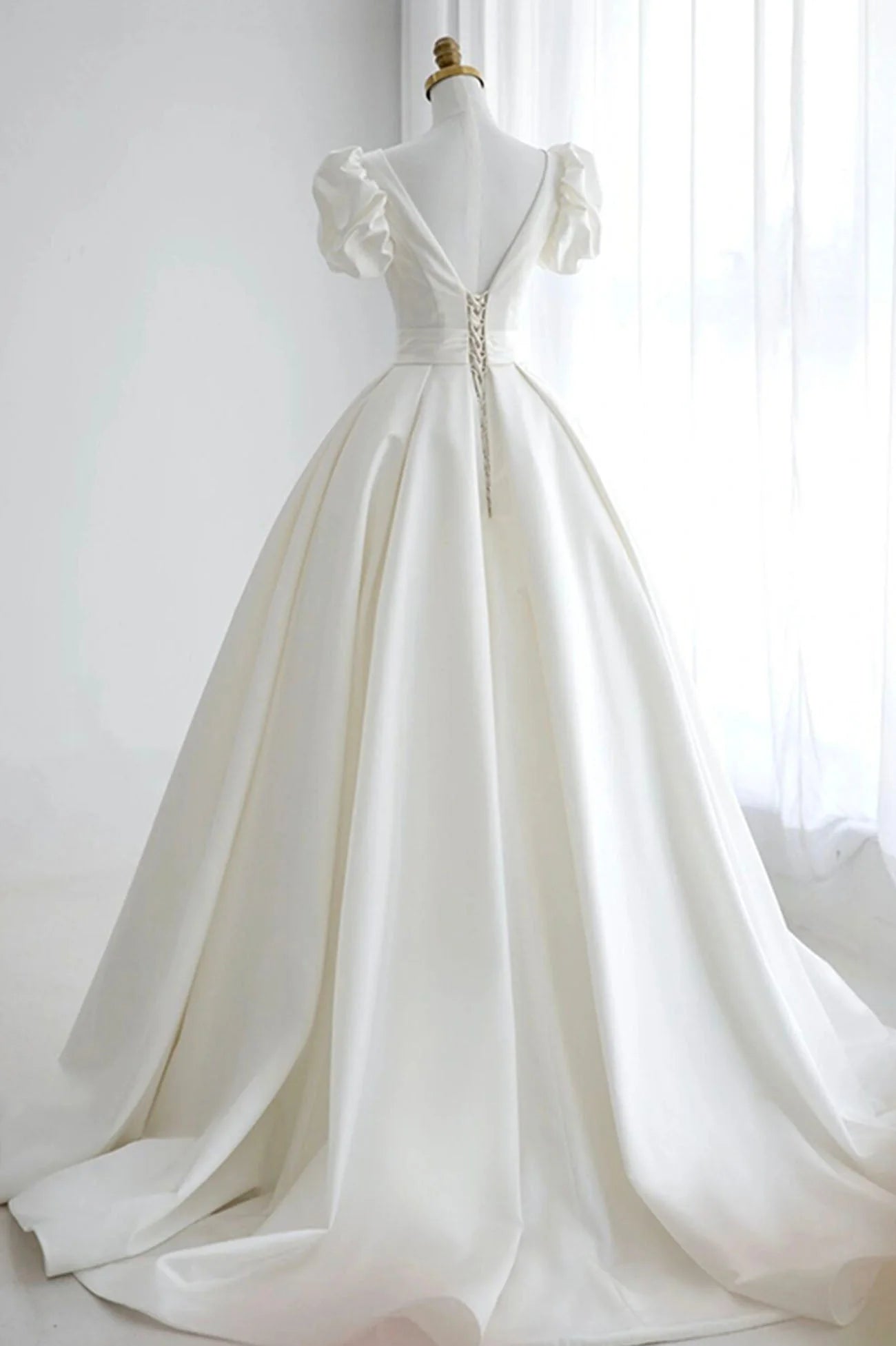 White V-Neck Satin Long Prom Dress  A-Line Short Sleeve Formal Dress simple gentle atmospheric and unique desi Bring summer colors to enhance whitenes