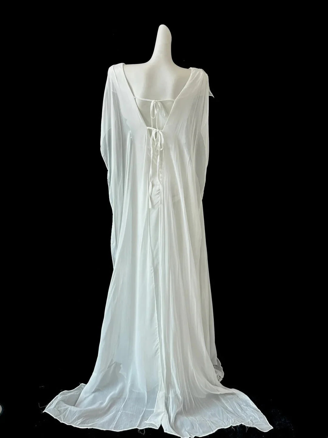White flowing chiffon long dress, folded and layered with drooping sleeves, wedding/dinner divine