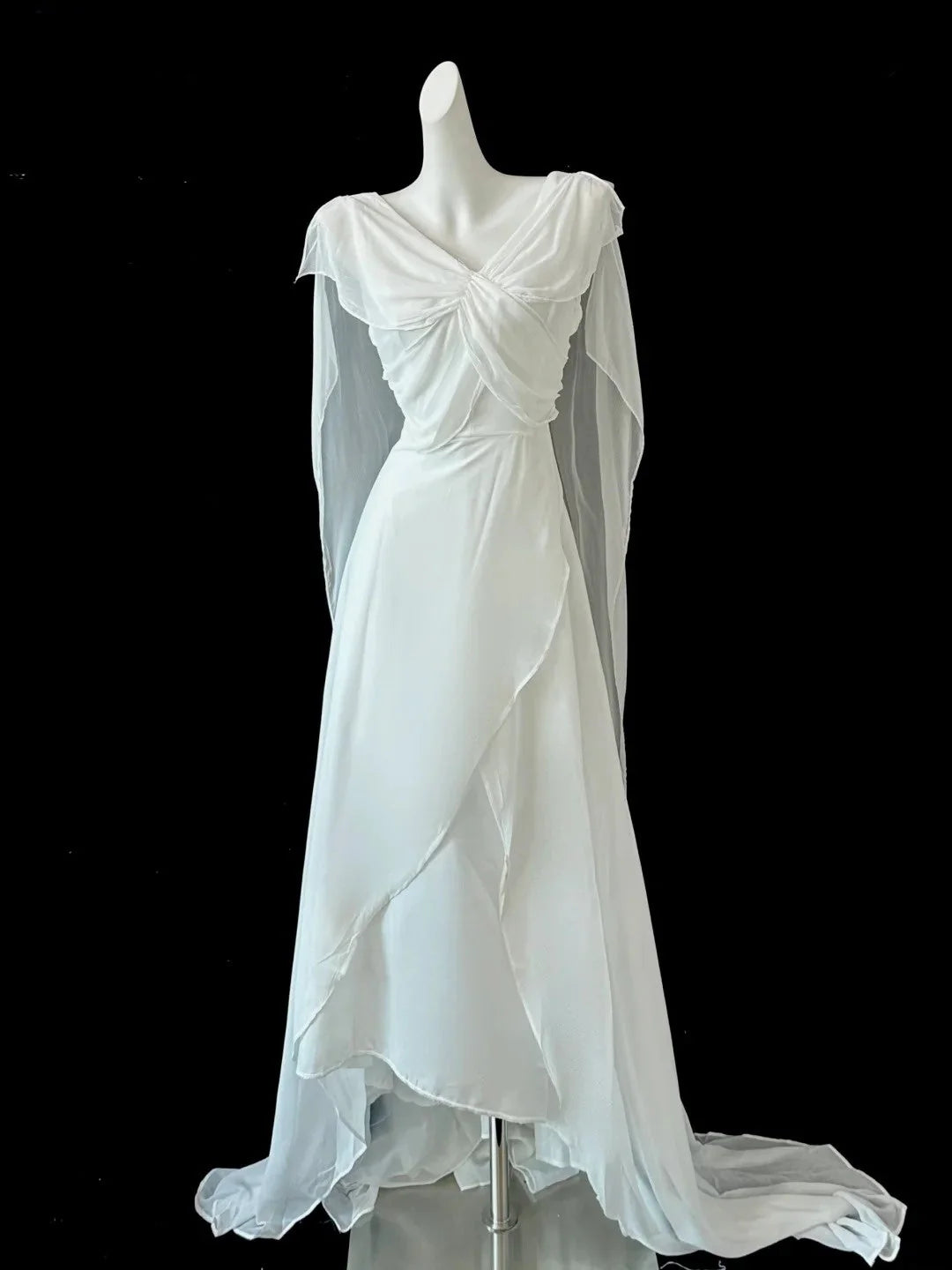 White flowing chiffon long dress, folded and layered with drooping sleeves, wedding/dinner divine