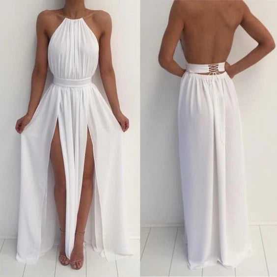 White hanging neck jumpsuit with high waist design, paired with double-sided high slit skirt, sleeveless high neck,