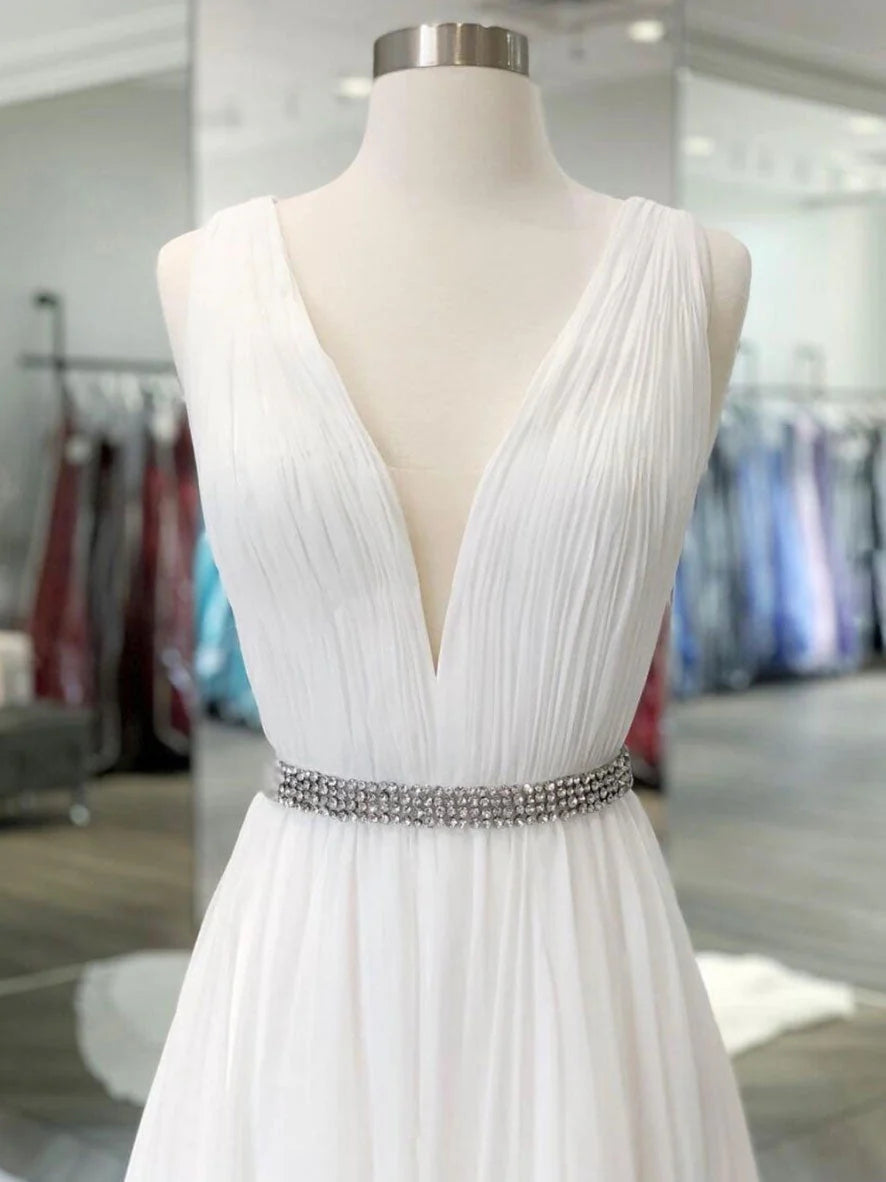 White v neck chiffon long prom dress white lace evening dress simple gentle atmospheric and unique desi Bring summer colors to enhance whitenes