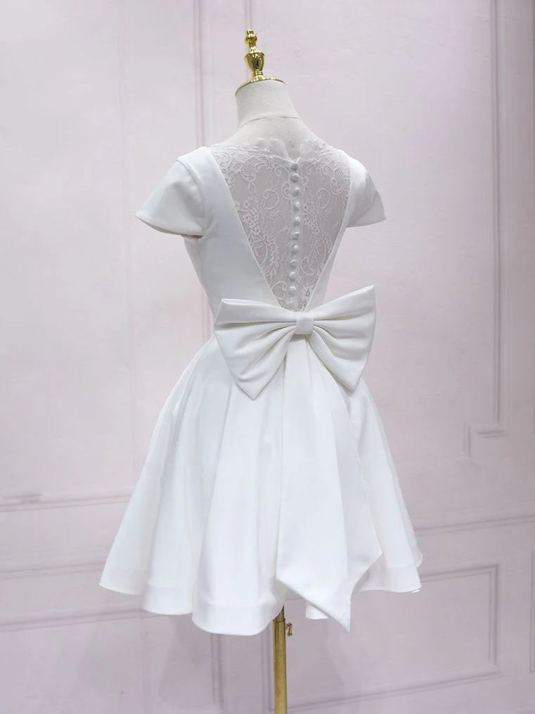 White v neck satin lace short prom dress, white homecomingWhite v neck satin lace short prom dress, white homecoming dress simple gentle atmospheric and unique desi Bring summer colors to enhance whitenes