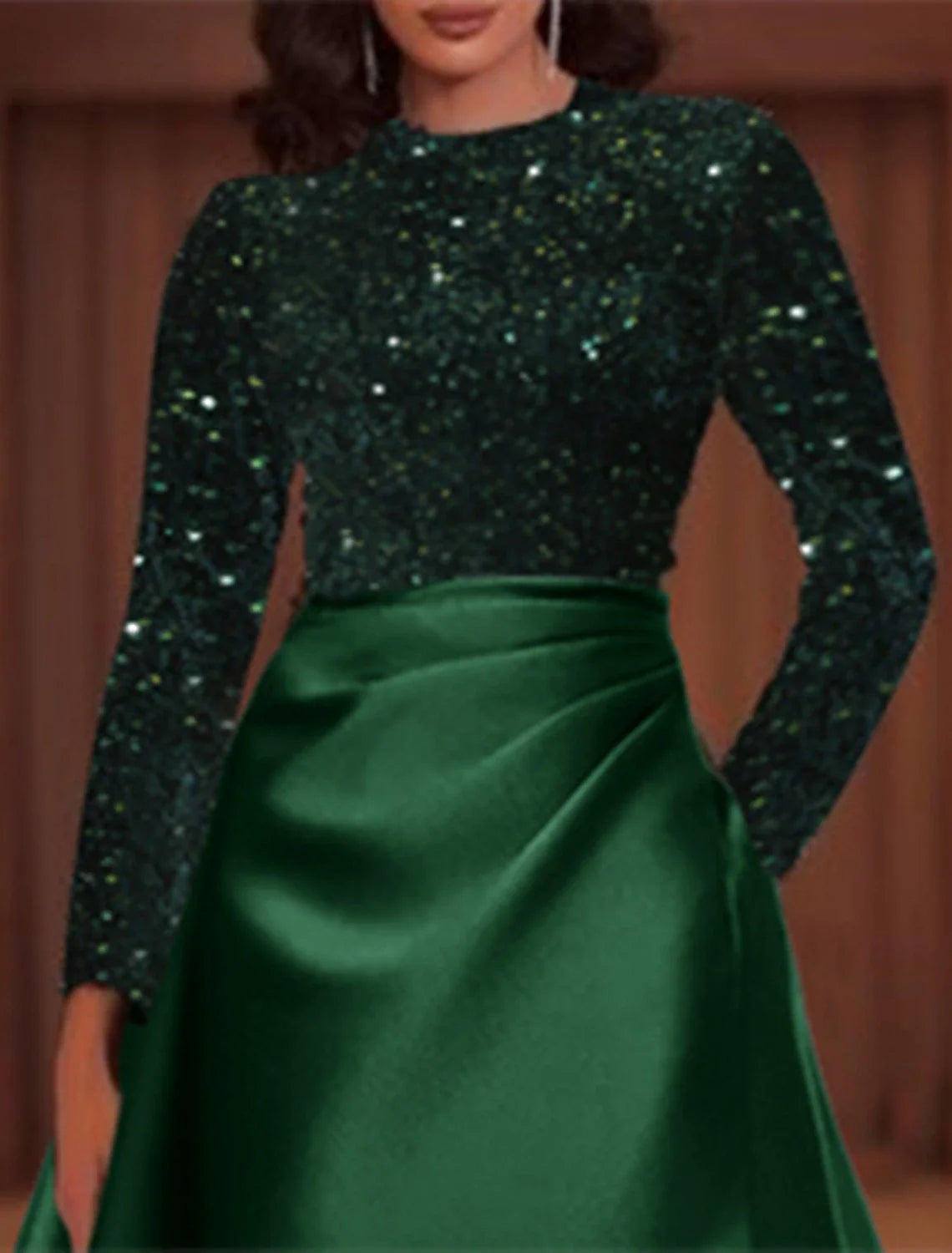 Wholesale A-Line Evening Gown Elegant Dress Christmas Red Green Dress Wedding Guest Floor Length Long Sleeve Jewel Neck Pocket Satin with Sequin simple gentle atmospheric and unique desi Bring summer colors to enhance whiteness