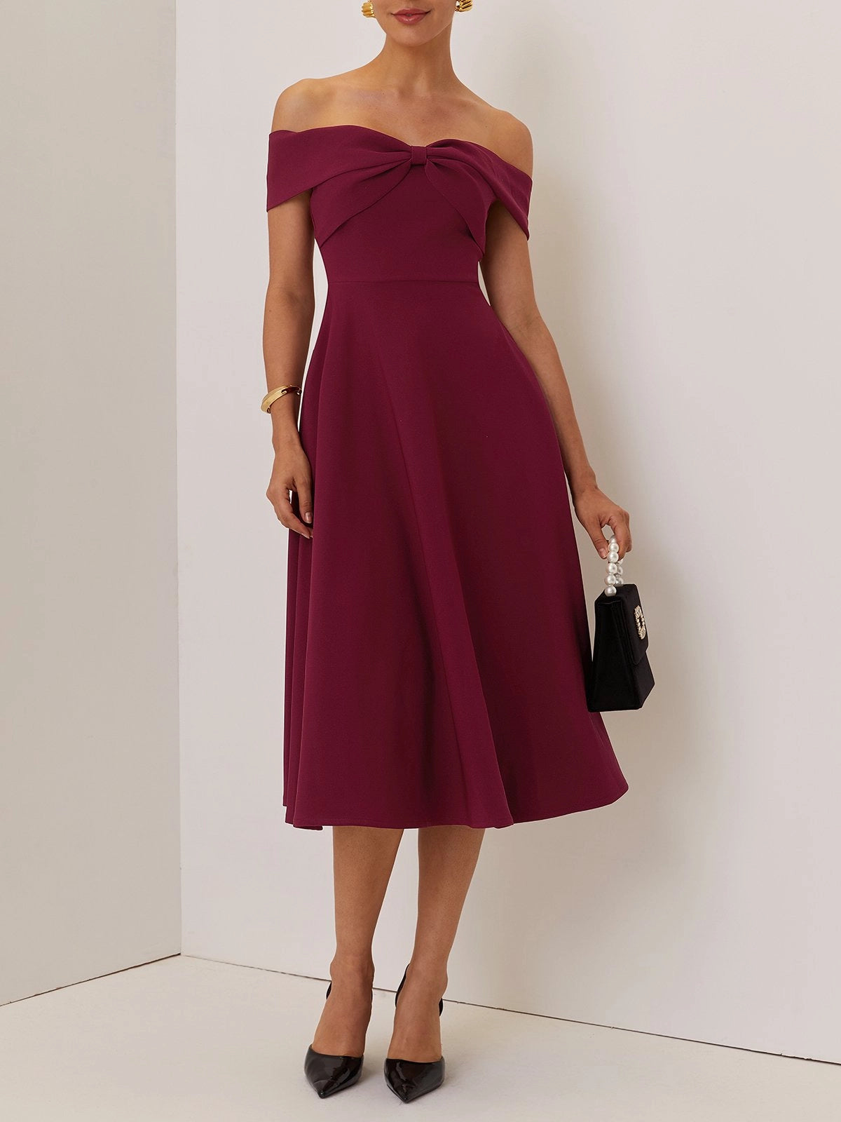 Wine Red Cross Classic Off The Shoulder Short Sleeve A-Line Midi Dress simple gentle atmospheric and unique desi Bring summer colors to enhance whiteness