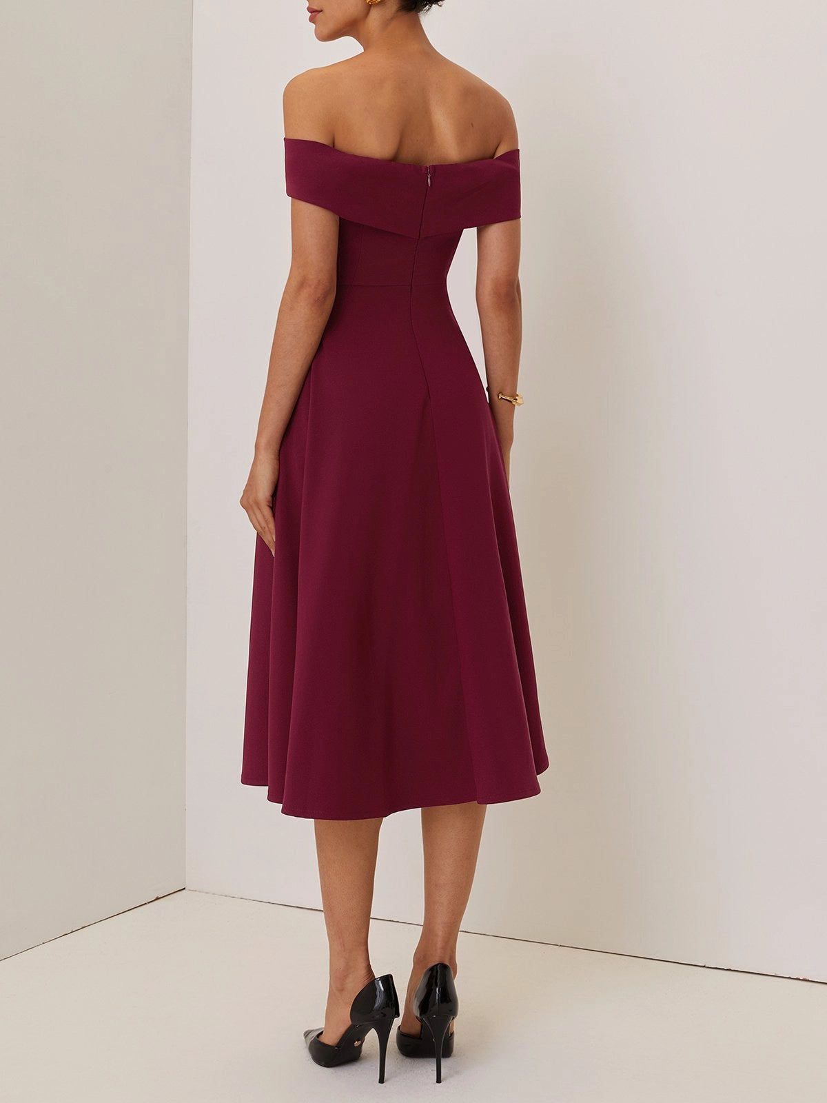 Wine Red Cross Classic Off The Shoulder Short Sleeve A-Line Midi Dress simple gentle atmospheric and unique desi Bring summer colors to enhance whiteness