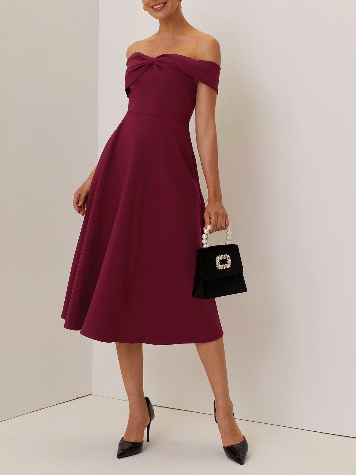 Wine Red Cross Classic Off The Shoulder Short Sleeve A-Line Midi Dress simple gentle atmospheric and unique desi Bring summer colors to enhance whiteness