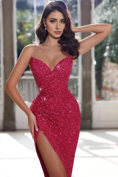 Wine Red Floor-Length Simple Sweetheart Column Prom Dress with Split Sequins Simple gentle atmospheric and unique design