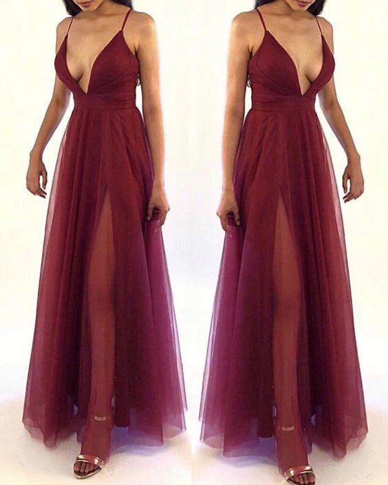 Wine red chiffon long dress with thin suspender and deep V-neck, suitable for dinners, dances and other occasions