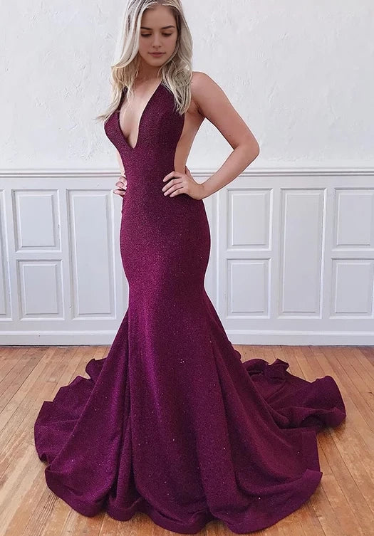 Wine red deep V backless fish tail deep V neckline dress with shiny sequins on the body