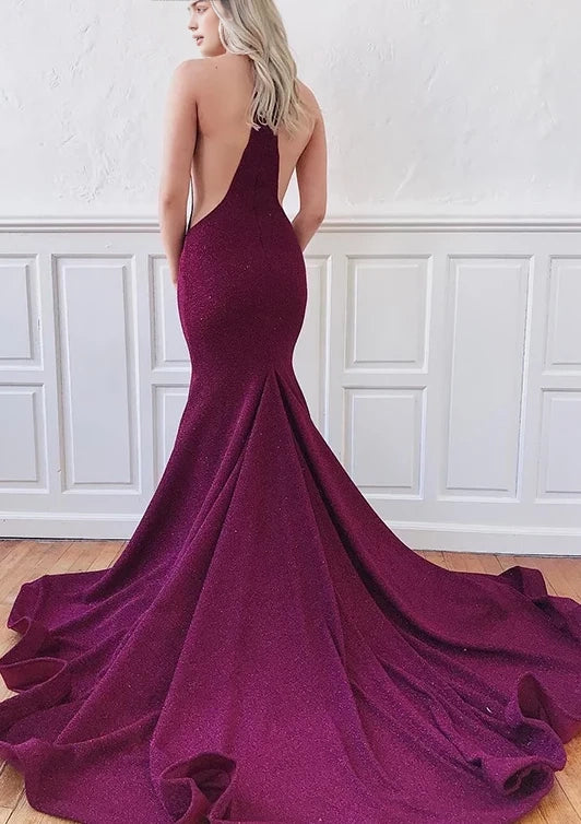 Wine red deep V backless fish tail deep V neckline dress with shiny sequins on the body