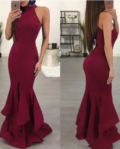Wine red dress with a hanging neck and sleeveless design, slim fit fish tail skirt with layered ruffles, suitable for occasions such as dinners and dances,