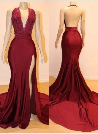 Wine red fishtail dress, front deep V-neck with lace decoration suitable for dinners and parties