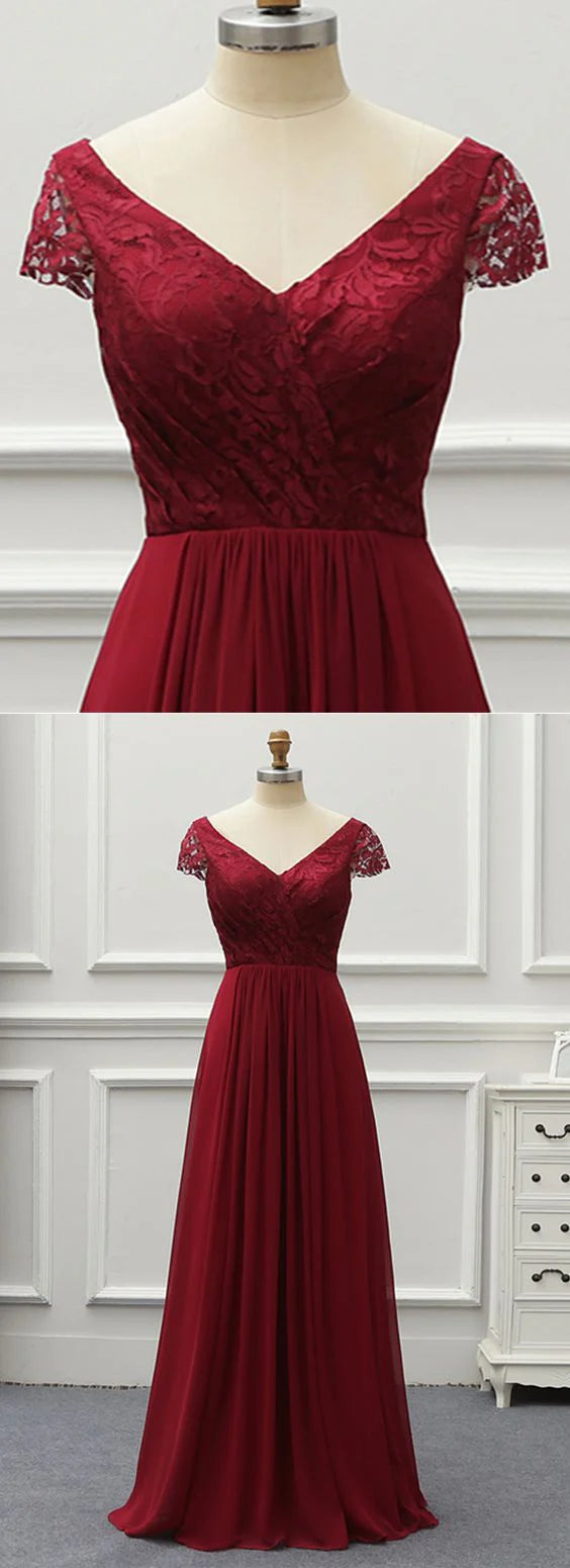 Wine red long dress, V-neck short sleeved high waisted chiffon skirt suitable for dinners, weddings and other occasions