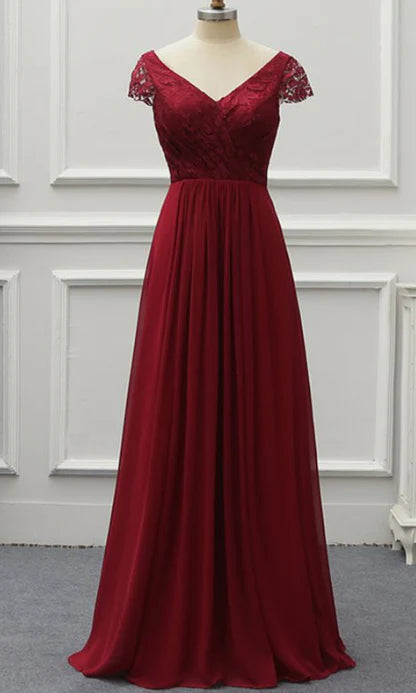 Wine red long dress, V-neck short sleeved high waisted chiffon skirt suitable for dinners, weddings and other occasions