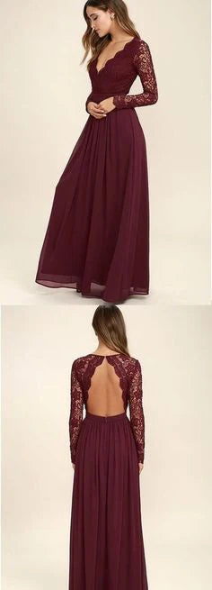 Wine red long dress, deep V-neck lace material, long sleeved design suitable for dinner parties
