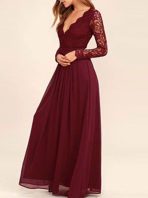 Wine red long dress, deep V-neck lace material, long sleeved design suitable for dinner parties