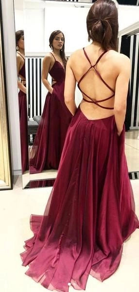 Wine red long dress dress with cross tie design on the back, suitable for dinners, dances, etc