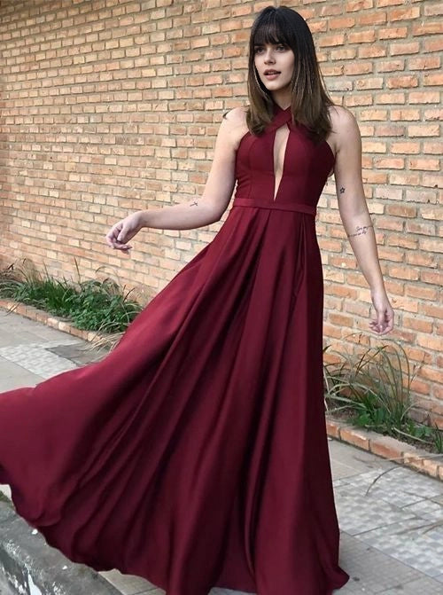 Wine red long dress with a hanging neck collar suitable for dinners, parties, and weddings